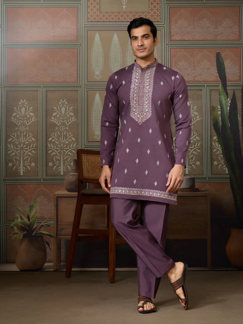 Men’s Premium Designer Kurta Koti Set with Pyjama Purple