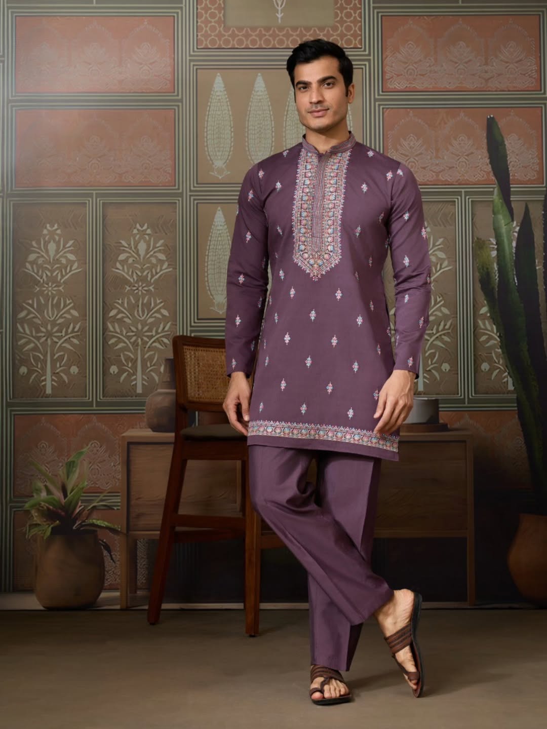 Men’s Premium Designer Kurta Koti Set with Pyjama Purple