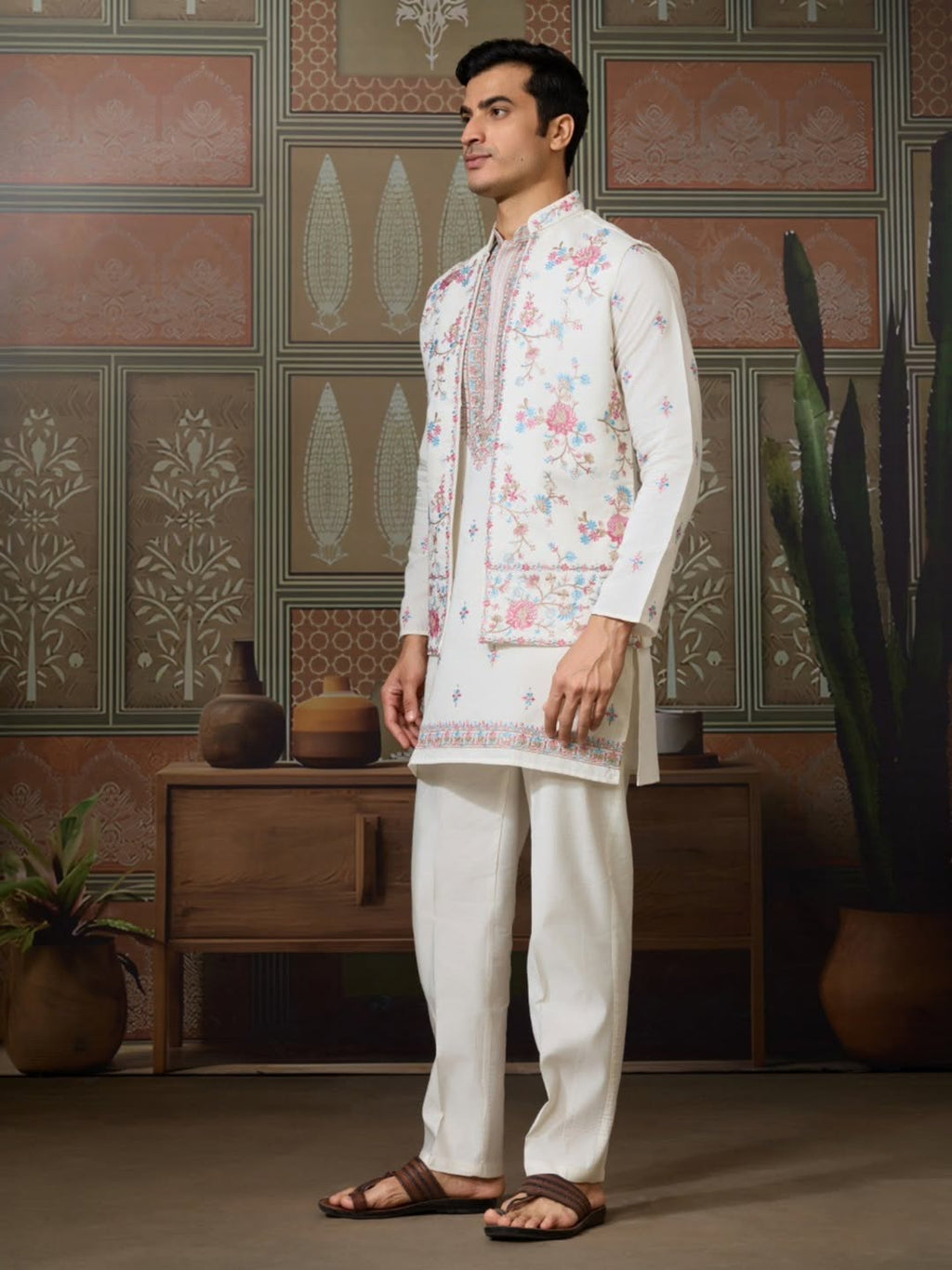 Men’s Premium Designer Kurta Koti Set with Pyjama White