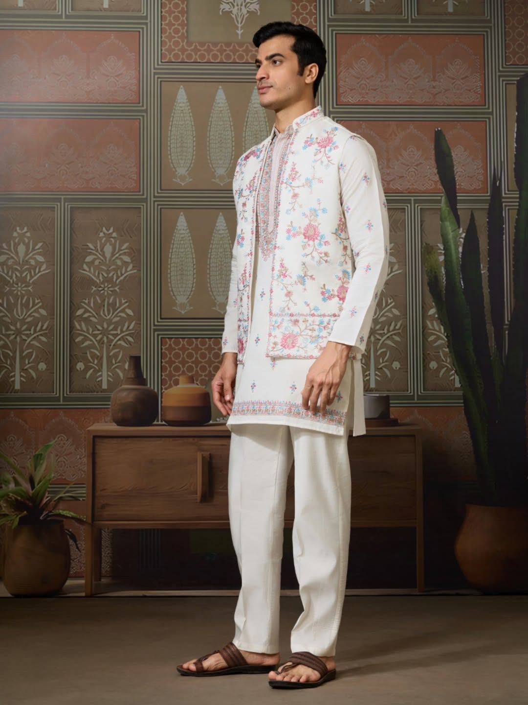 Men’s Premium Designer Kurta Koti Set with Pyjama White