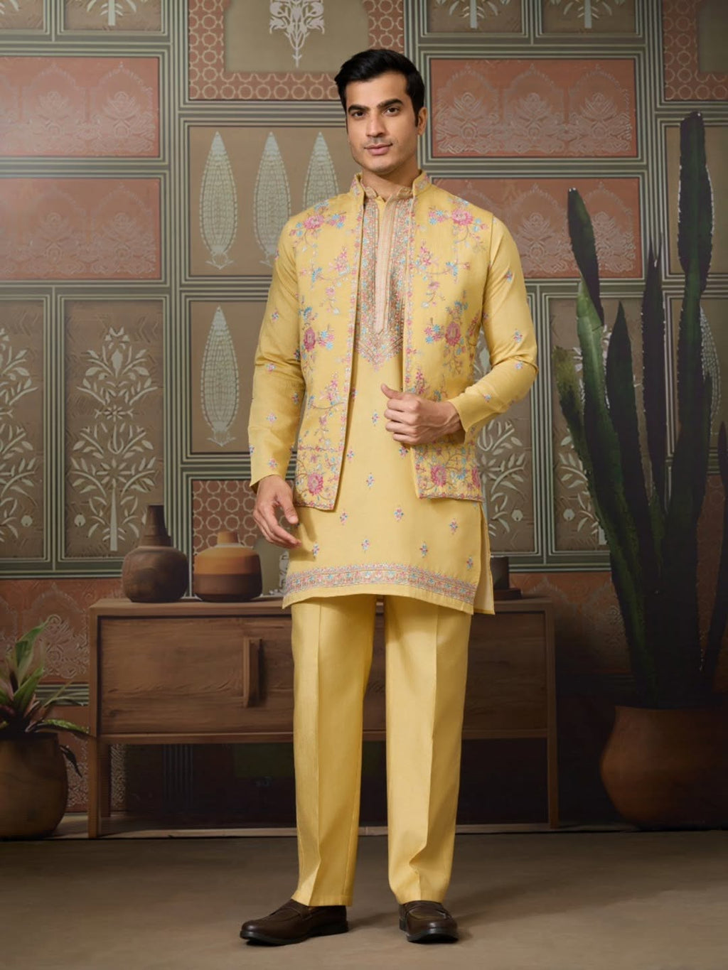 Men’s Premium Designer Kurta Koti Set with Pyjama Yellow