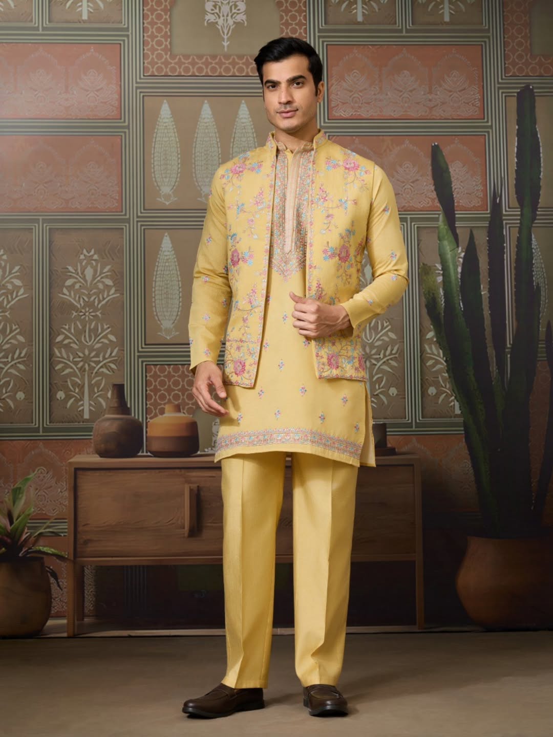 Men’s Premium Designer Kurta Koti Set with Pyjama Yellow