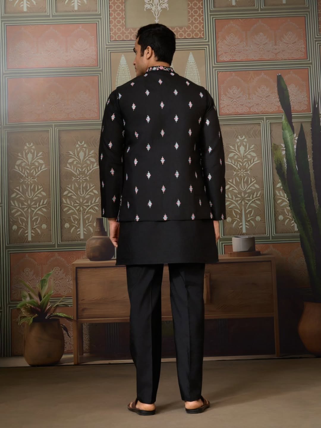 Men’s Premium Designer Kurta Koti Set with Pyjama Black