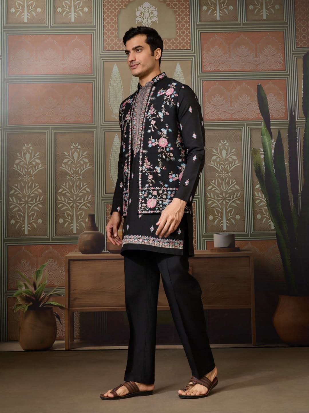 Men’s Premium Designer Kurta Koti Set with Pyjama Black