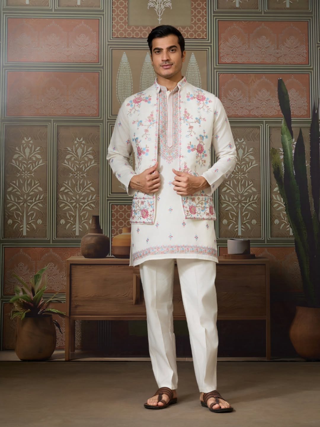 Men’s Premium Designer Kurta Koti Set with Pyjama White