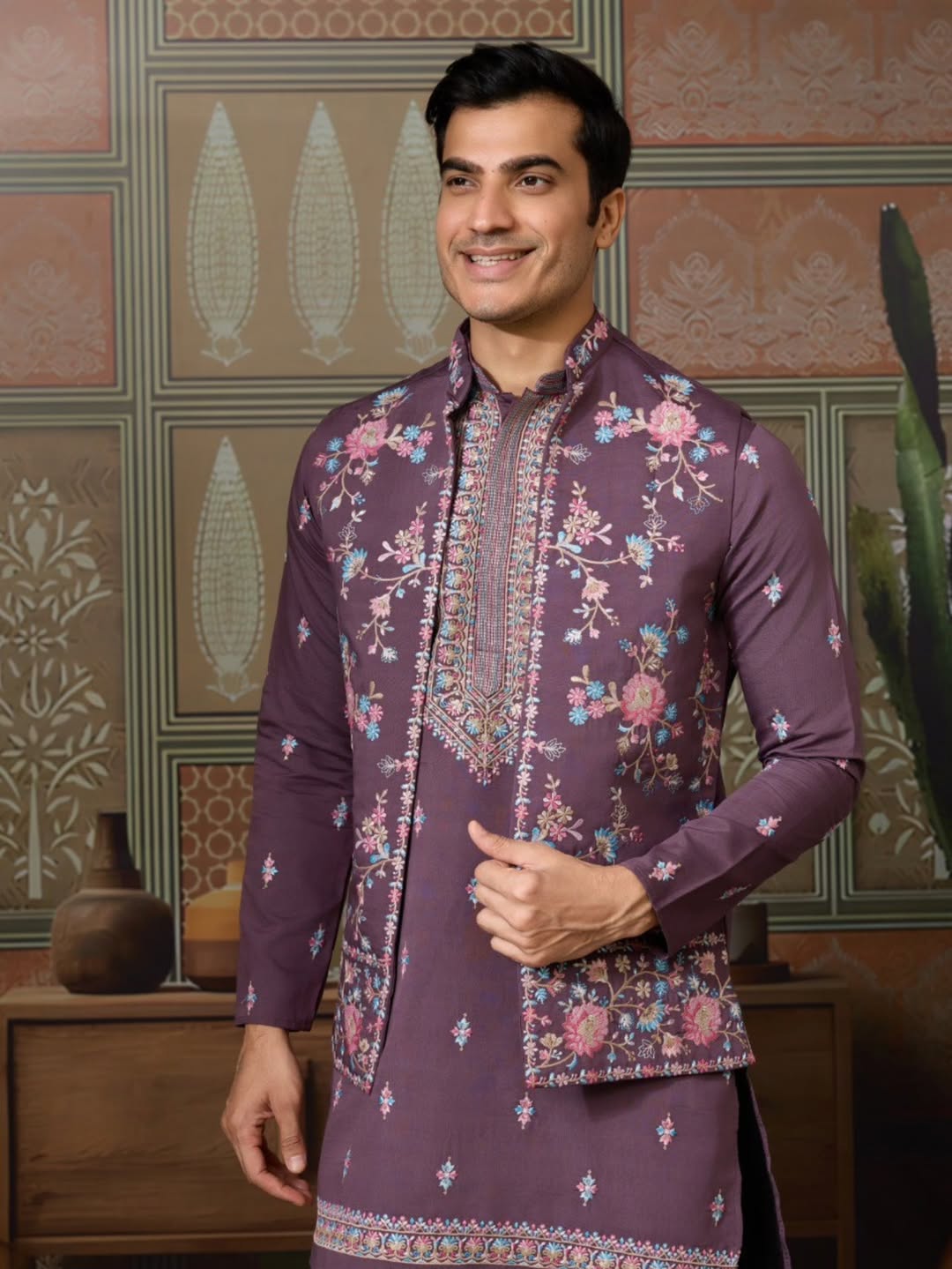 Men’s Premium Designer Kurta Koti Set with Pyjama Purple