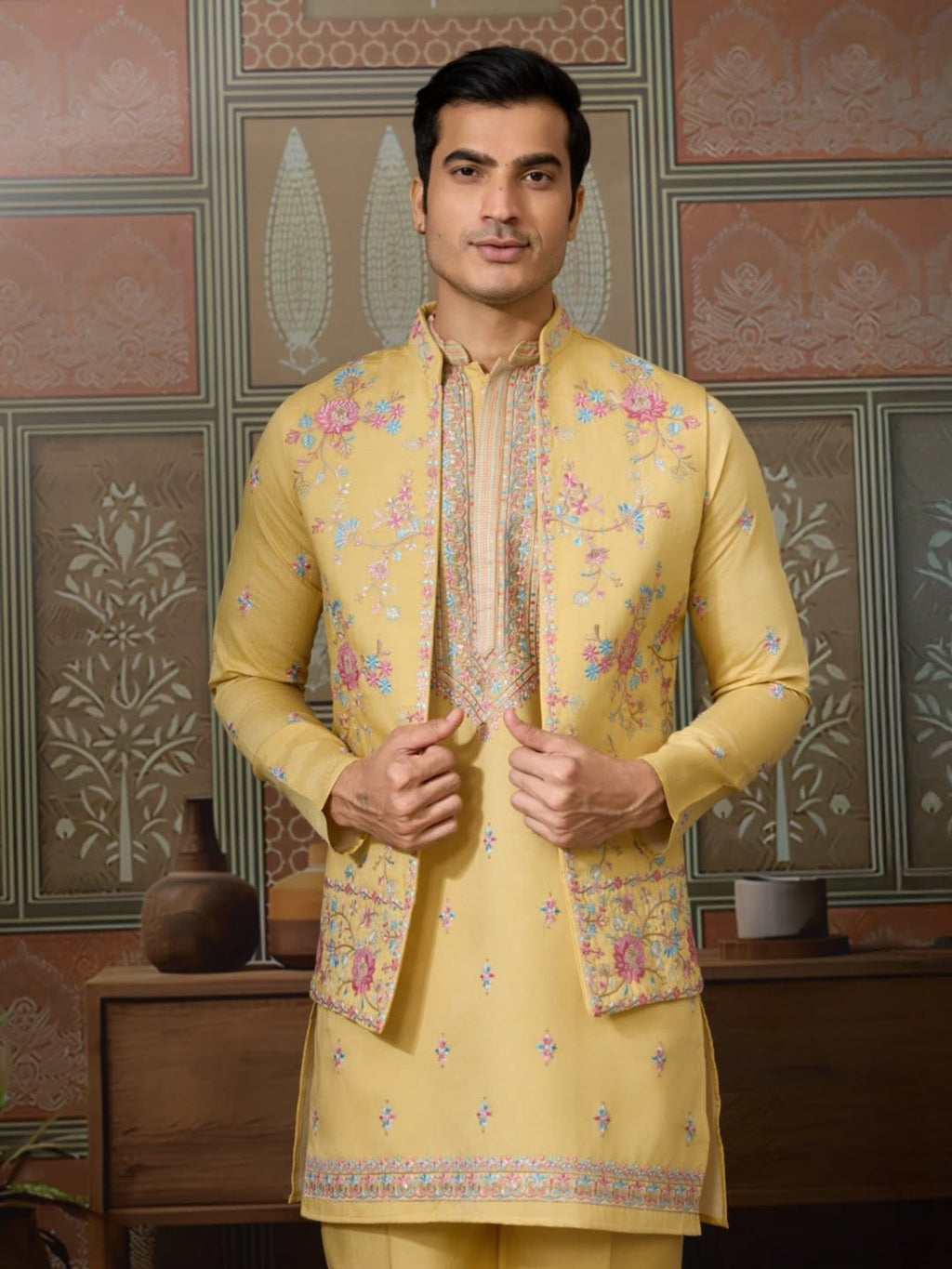 Men’s Premium Designer Kurta Koti Set with Pyjama Yellow