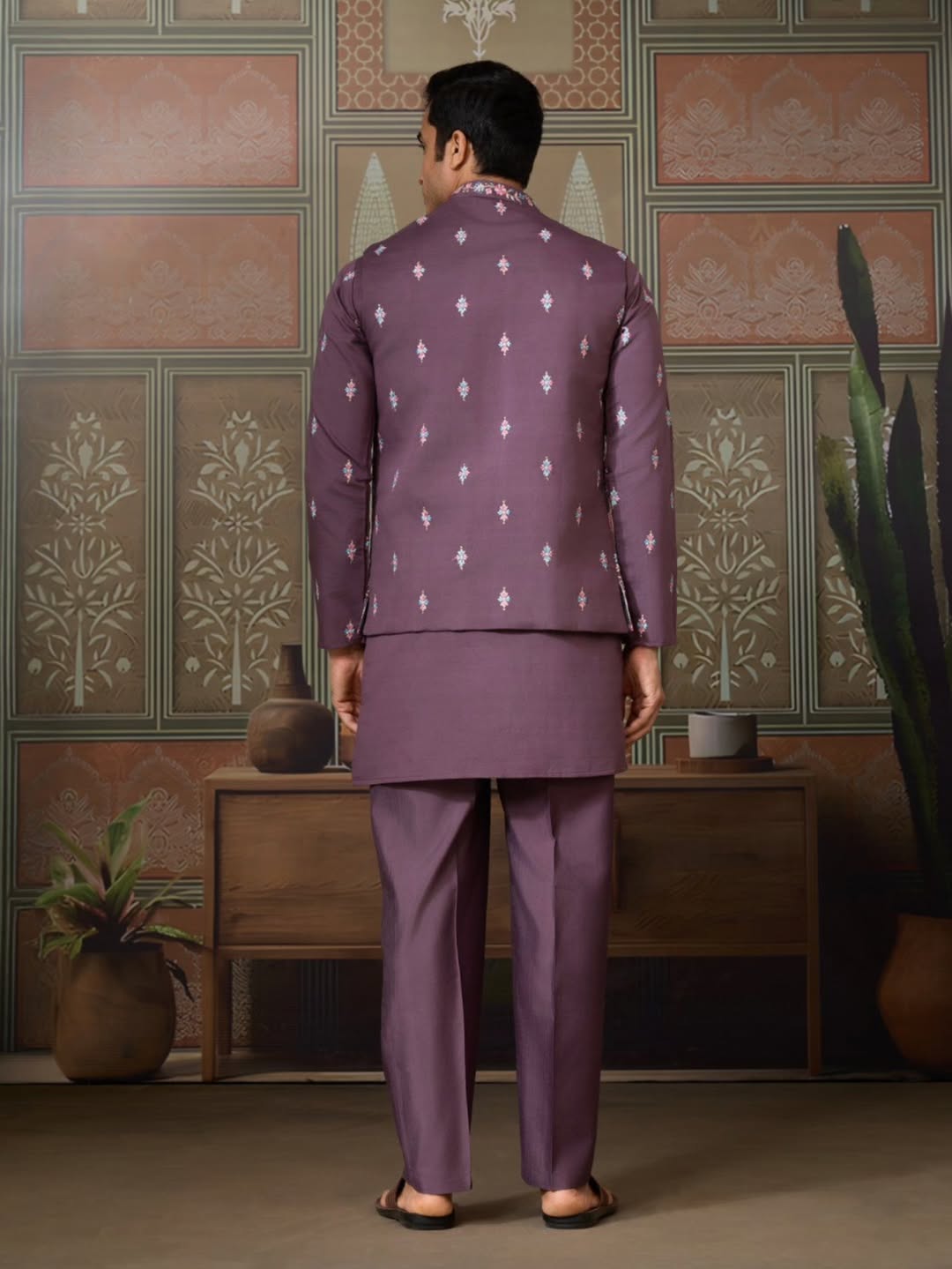 Men’s Premium Designer Kurta Koti Set with Pyjama Purple
