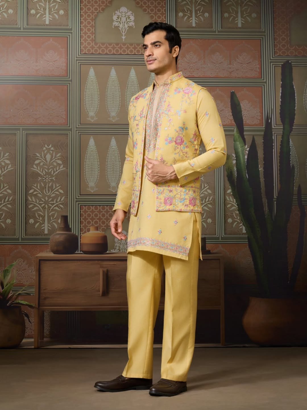 Men’s Premium Designer Kurta Koti Set with Pyjama Yellow