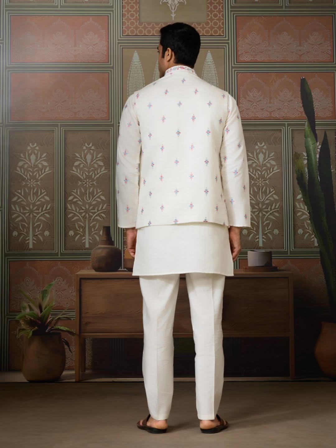 Men’s Premium Designer Kurta Koti Set with Pyjama White