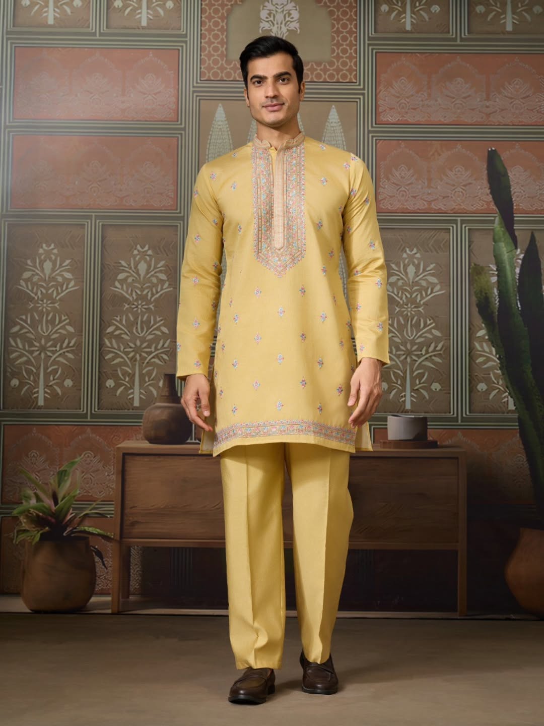 Men’s Premium Designer Kurta Koti Set with Pyjama Yellow