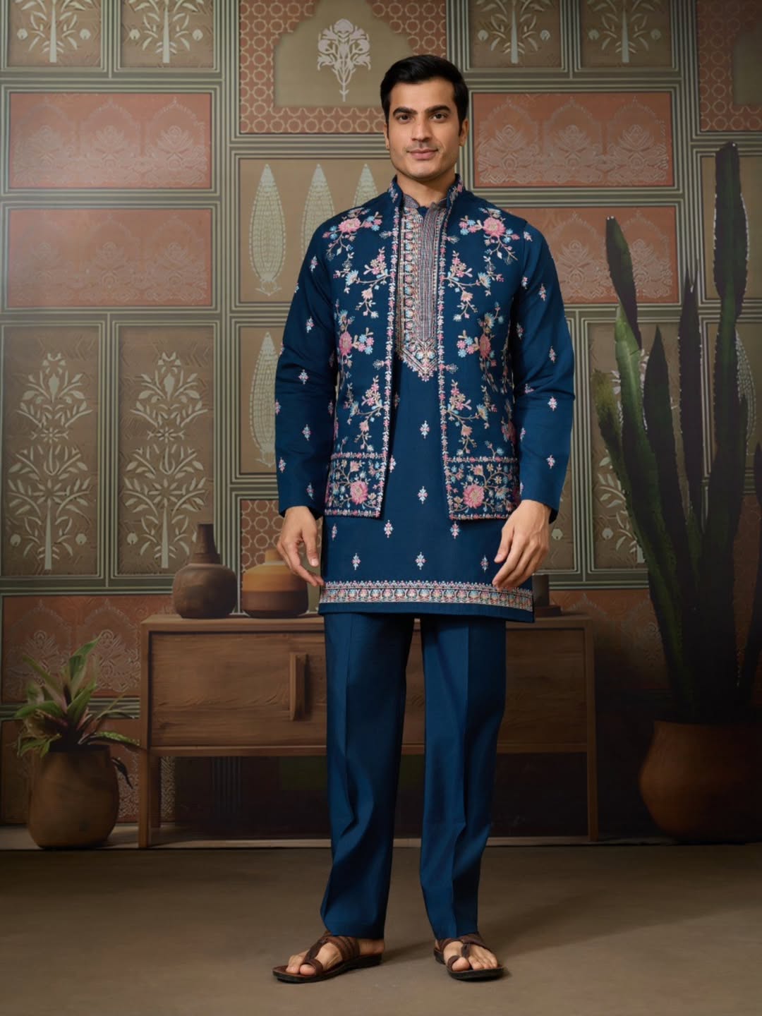 Men’s Premium Designer Kurta Koti Set with Pyjama Navy Blue