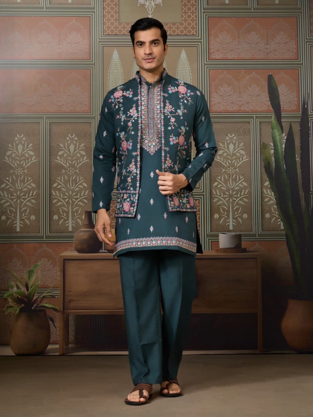 Men’s Premium Designer Kurta Koti Set with Pyjama Bottle Green