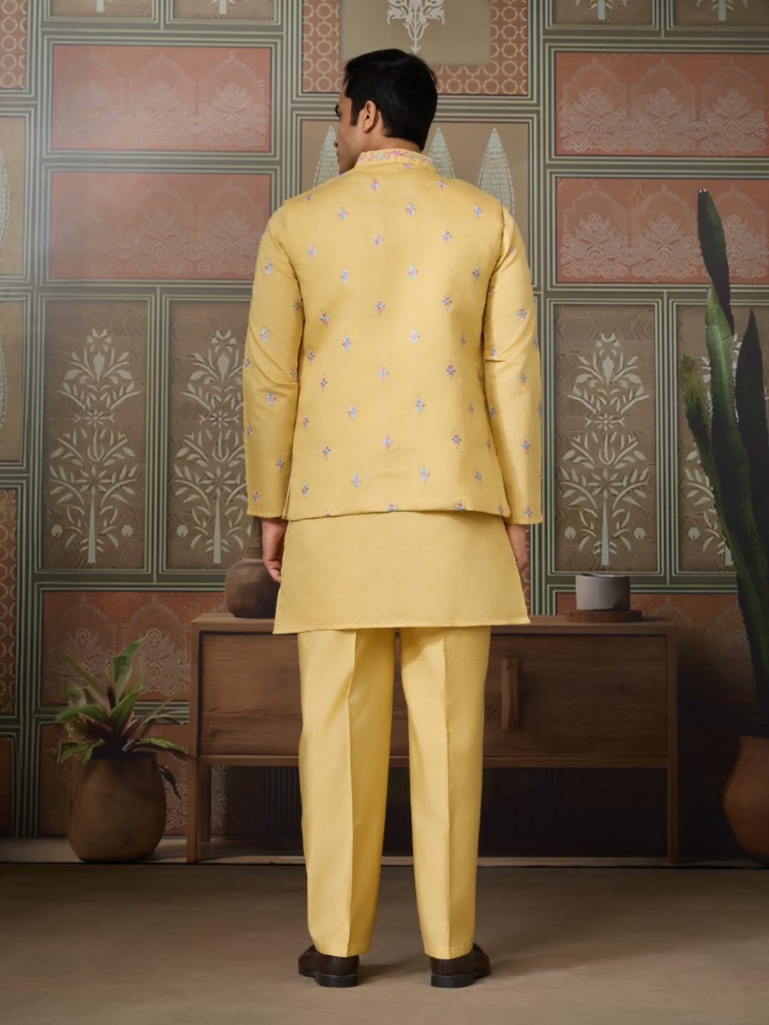Men’s Premium Designer Kurta Koti Set with Pyjama Yellow