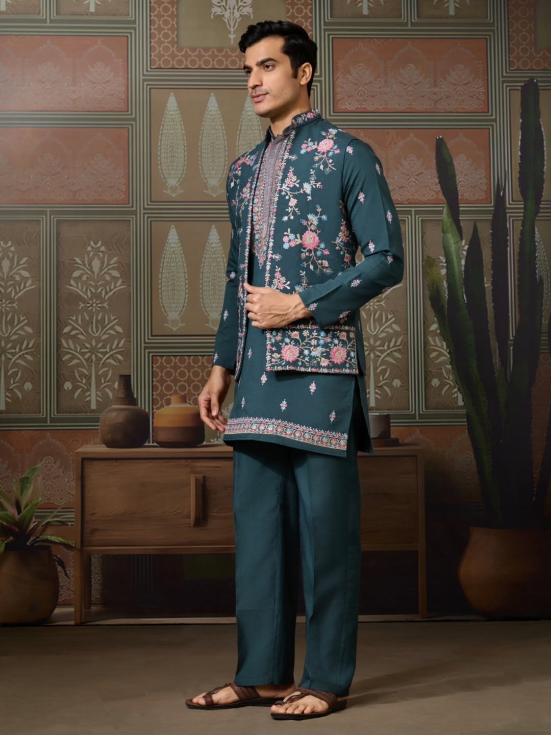Men’s Premium Designer Kurta Koti Set with Pyjama Bottle Green