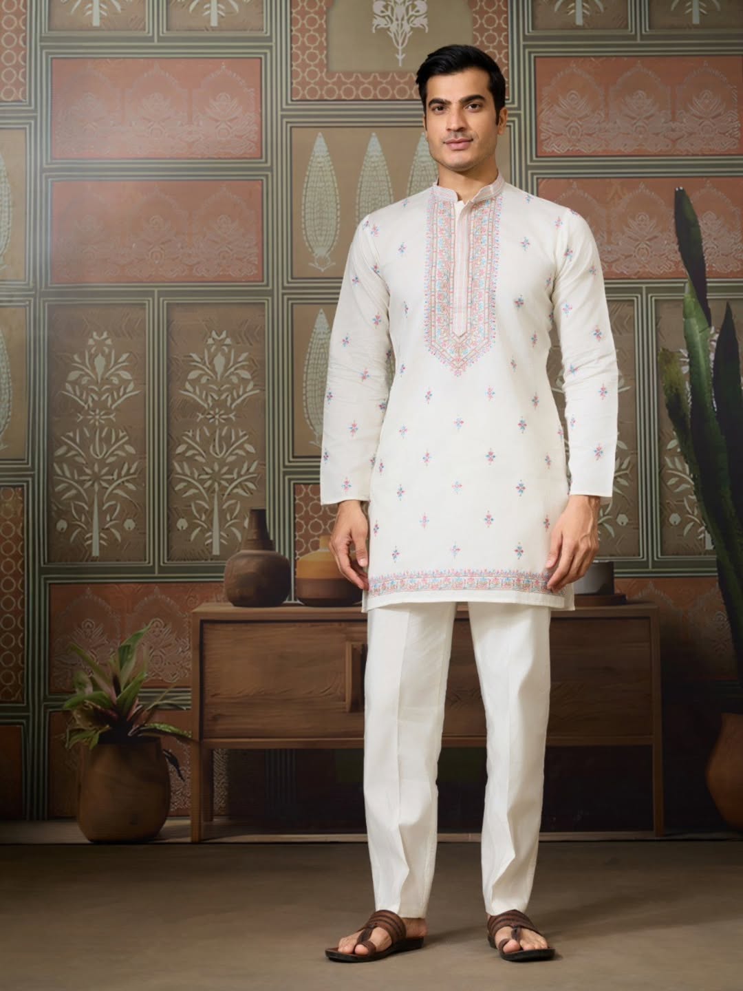 Men’s Premium Designer Kurta Koti Set with Pyjama White