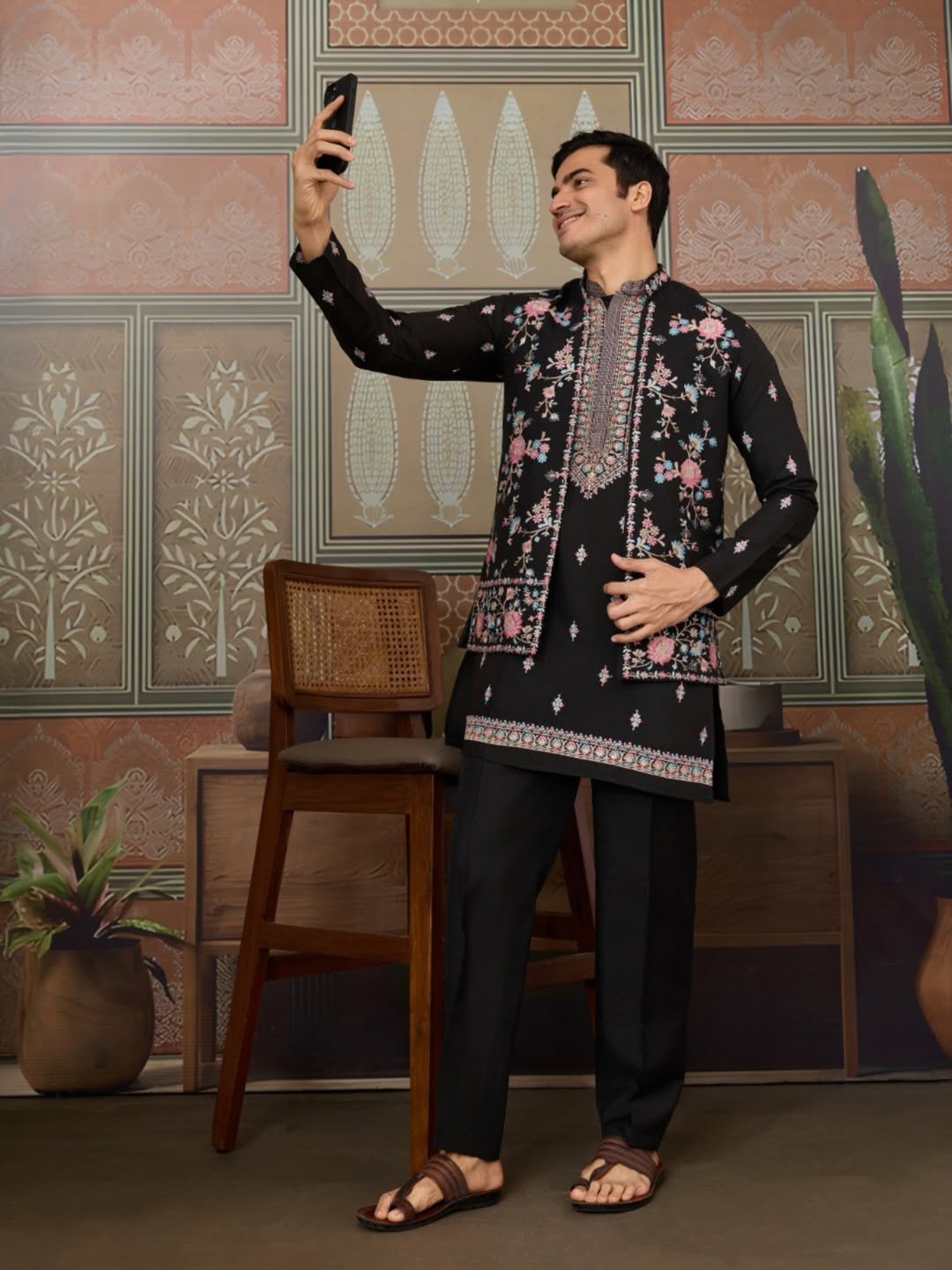 Men’s Premium Designer Kurta Koti Set with Pyjama Black