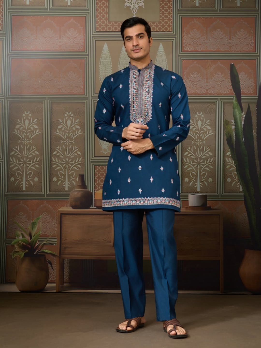 Men’s Premium Designer Kurta Koti Set with Pyjama Navy Blue