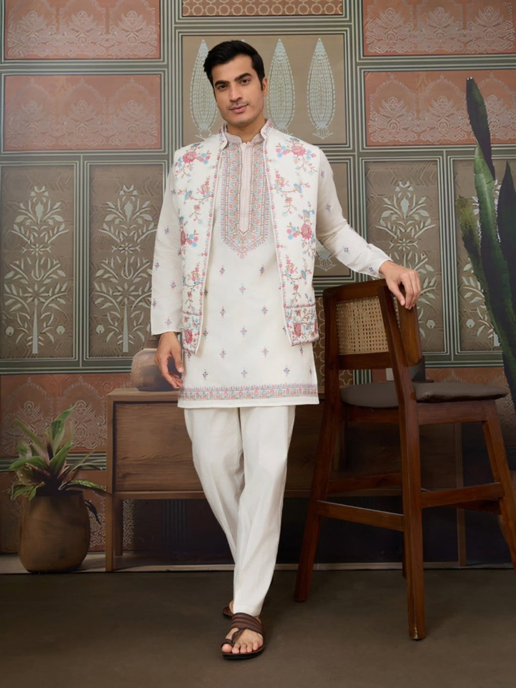 Men’s Premium Designer Kurta Koti Set with Pyjama White