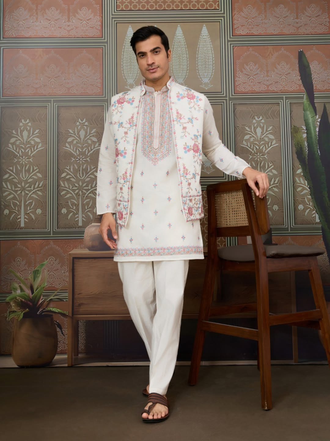 Men’s Premium Designer Kurta Koti Set with Pyjama White