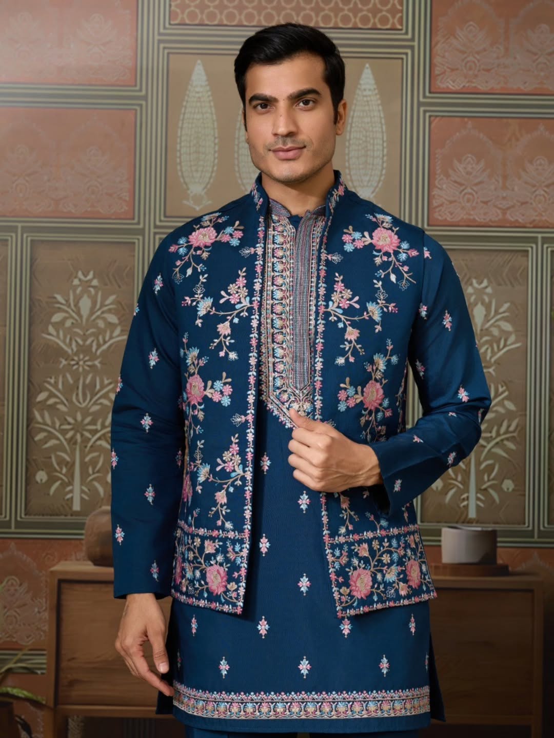 Men’s Premium Designer Kurta Koti Set with Pyjama Navy Blue