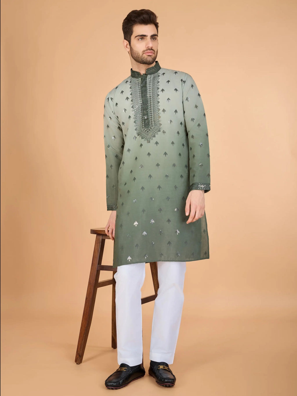 Men's Regal Elegance Silk Viscose Mehndi Kurta