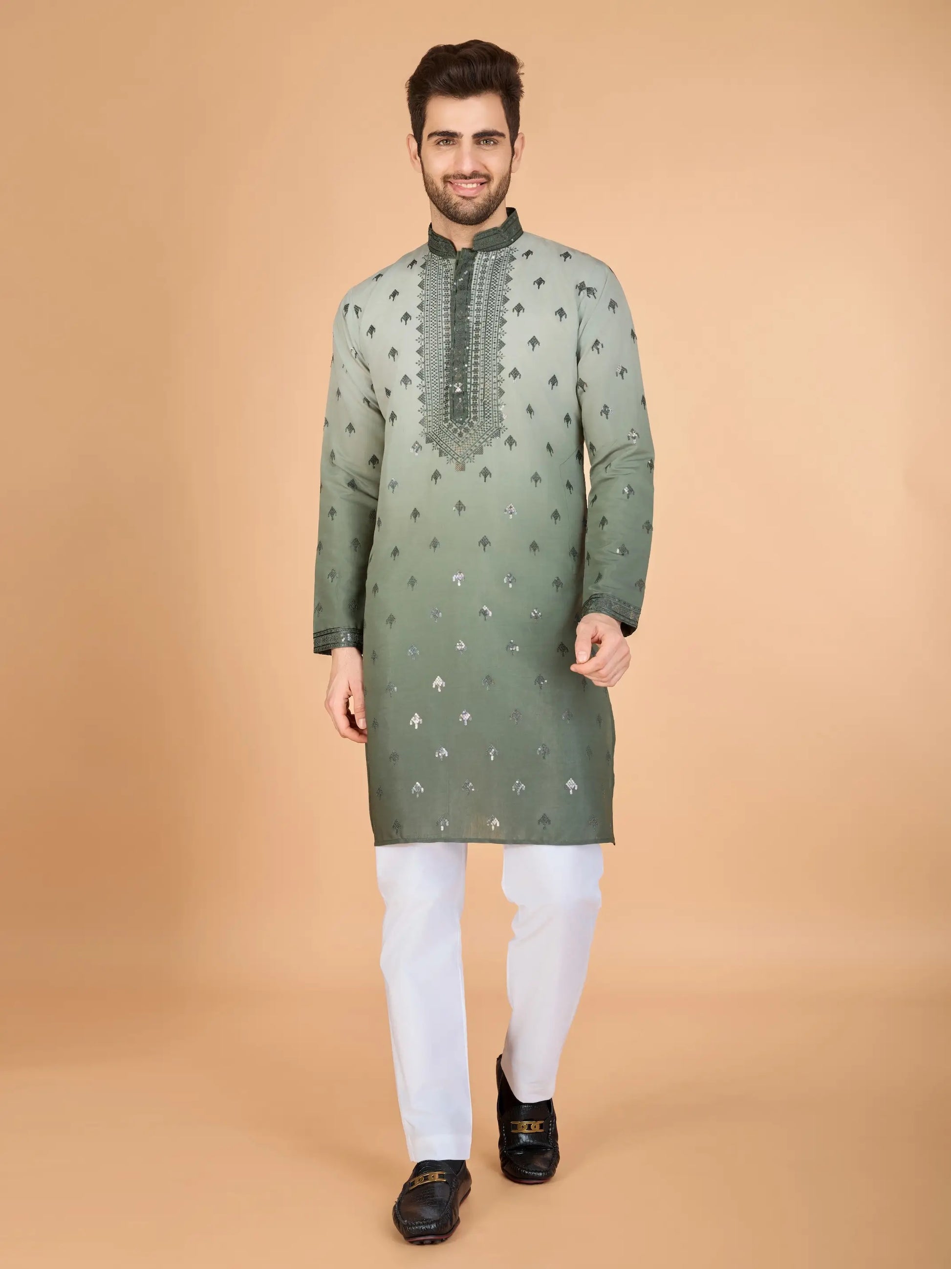 Men's Regal Elegance Silk Viscose Mehndi Kurta