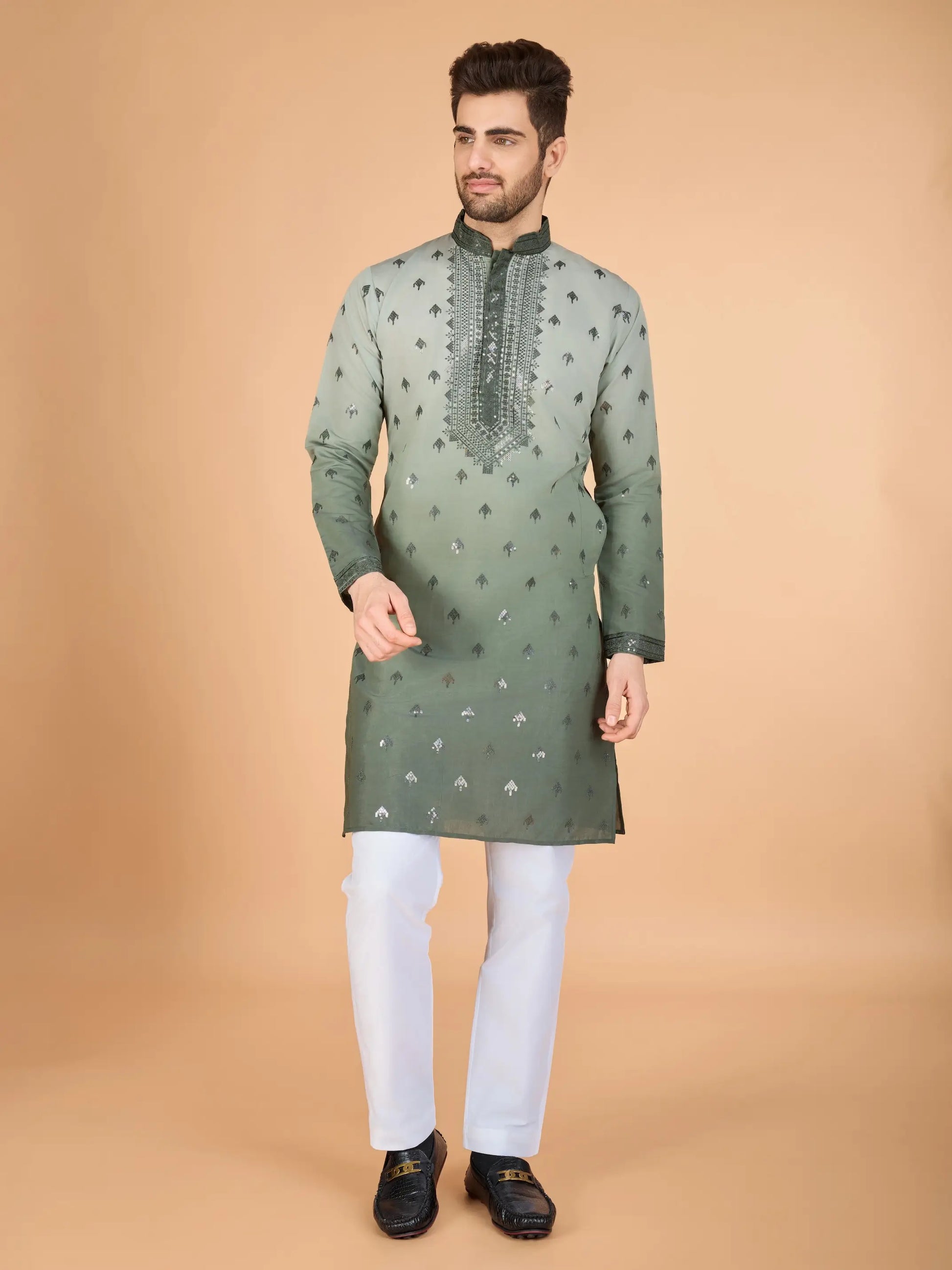 Men's Regal Elegance Silk Viscose Mehndi Kurta
