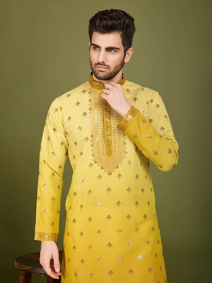 Men's Regal Elegance Silk Viscose Yellow Kurta