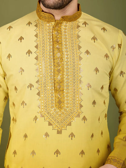 Men's Regal Elegance Silk Viscose Yellow Kurta