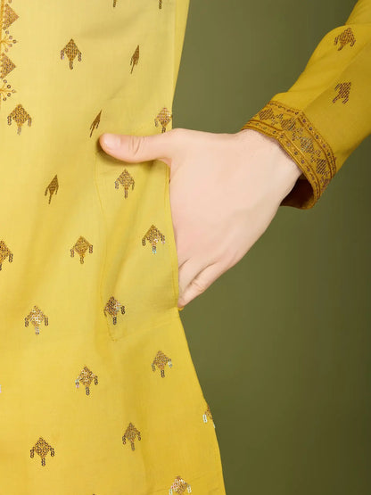 Men's Regal Elegance Silk Viscose Yellow Kurta