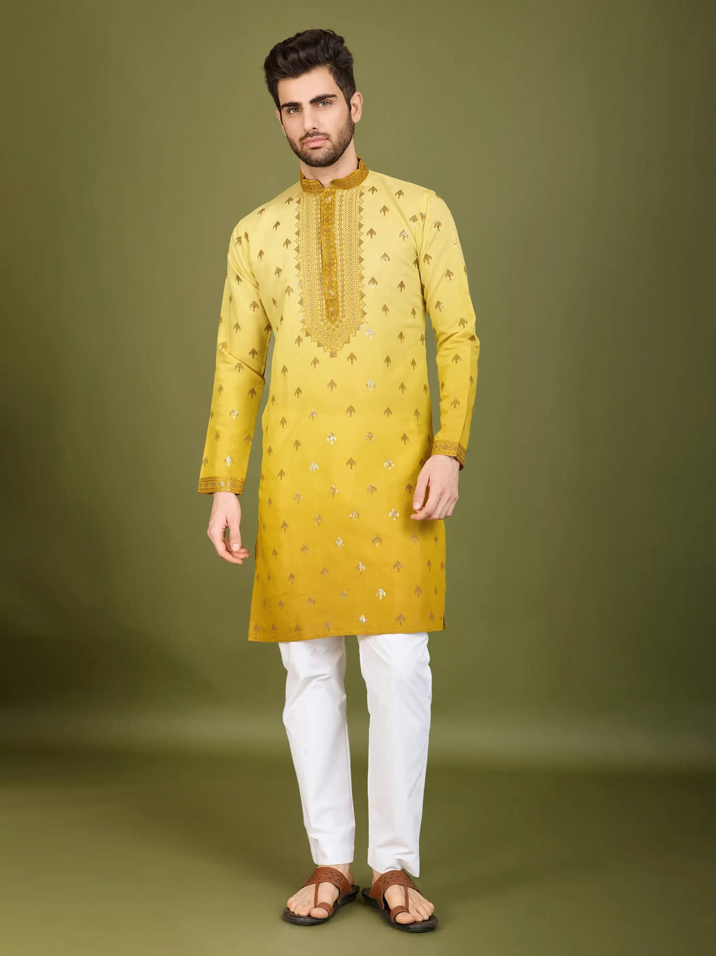 Men's Regal Elegance Silk Viscose Yellow Kurta