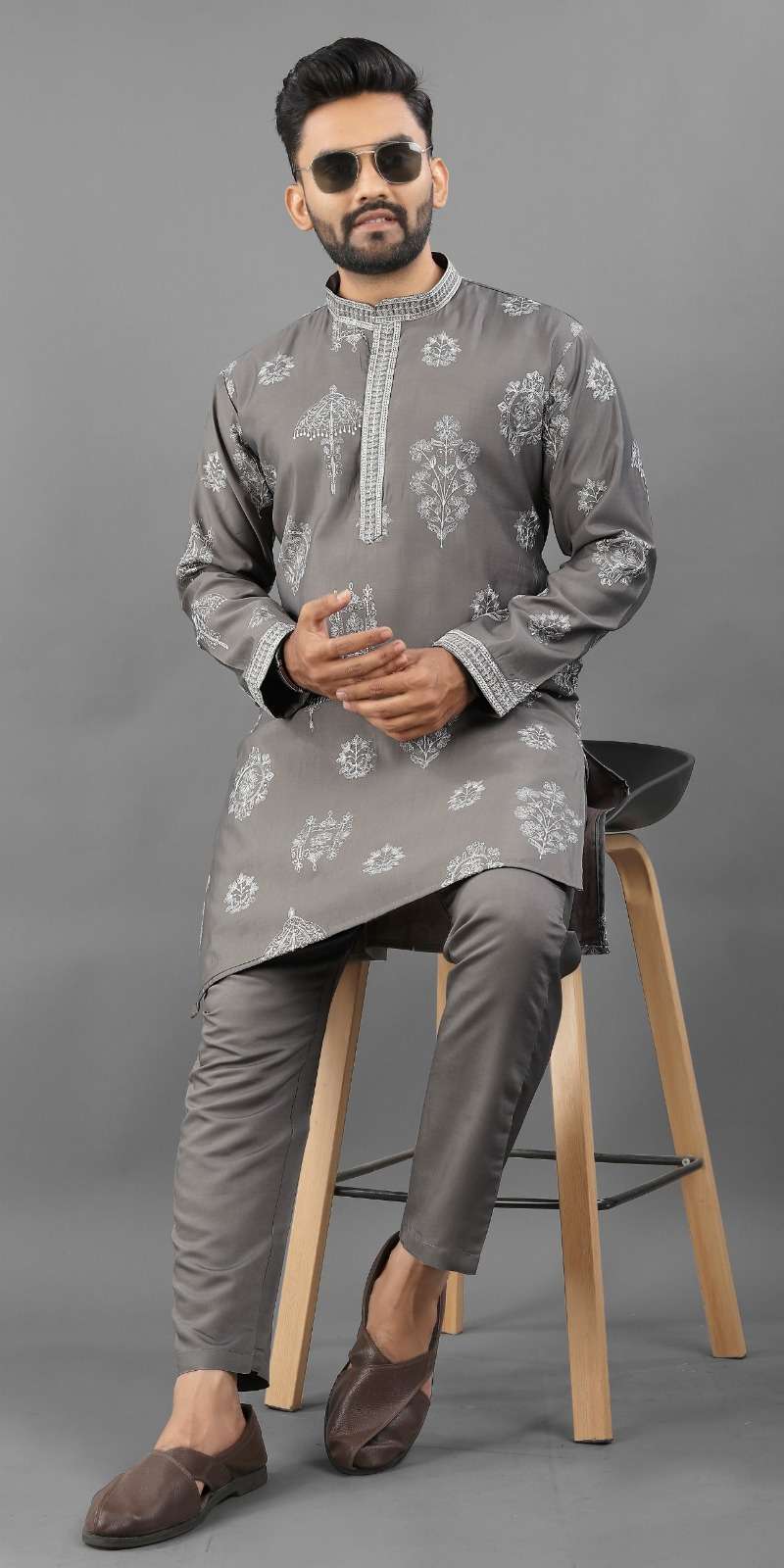 Men's Imperial Elegance Russian Silk Dark Grey Kurta Set