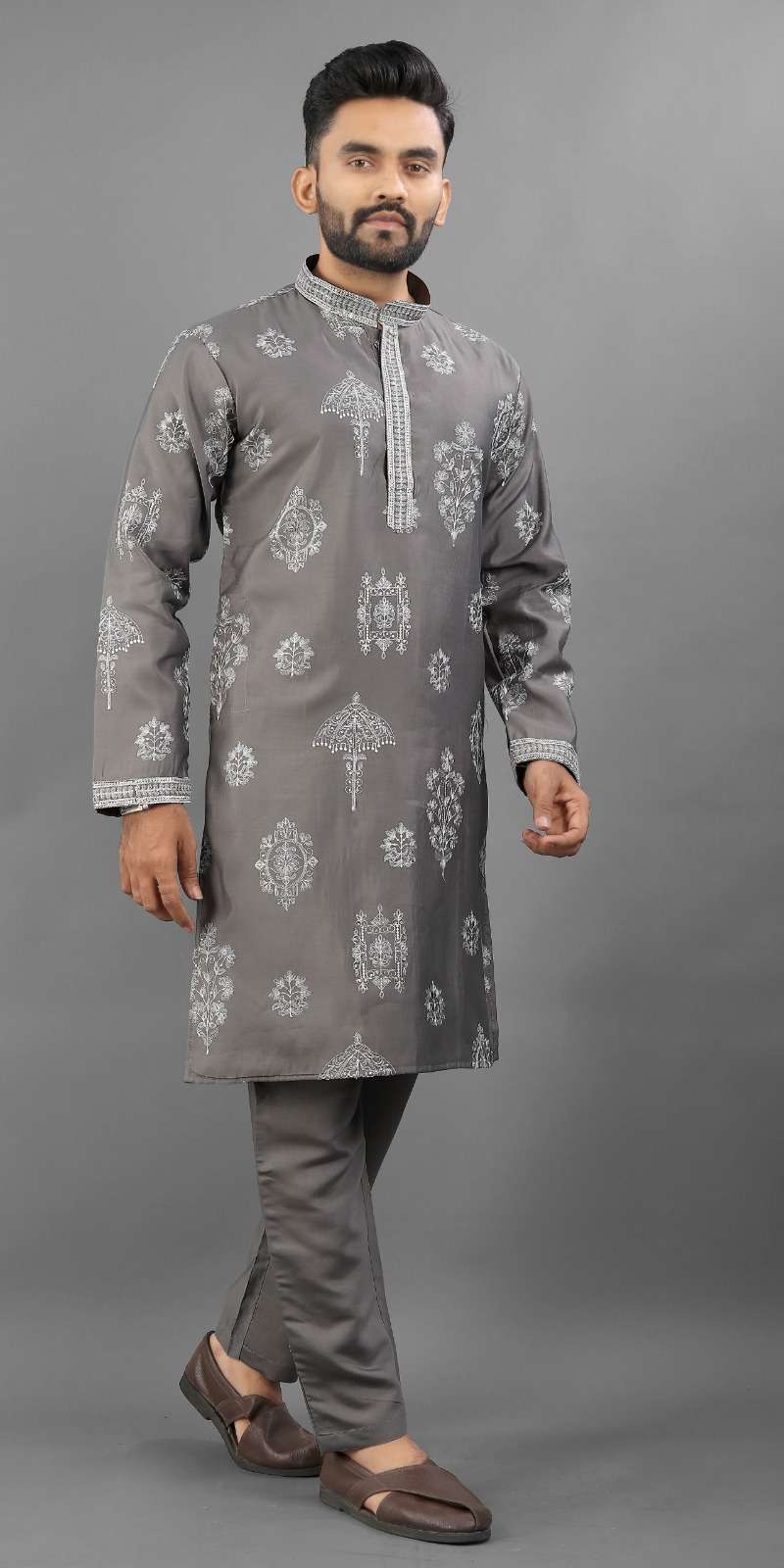 Men's Imperial Elegance Russian Silk Dark Grey Kurta Set
