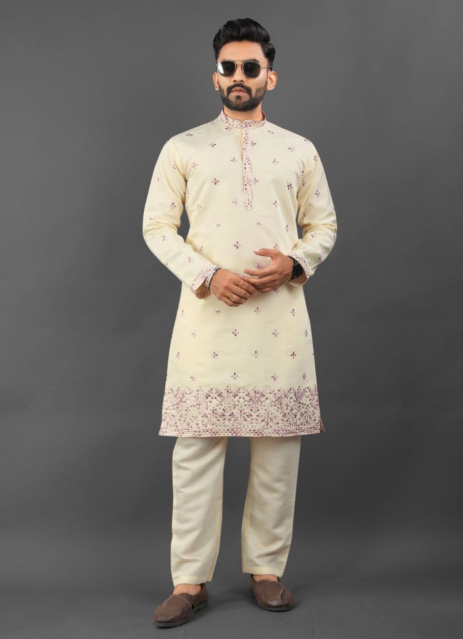 Men's Heritage Glory Russian Silk Light Yellow Kurta Set