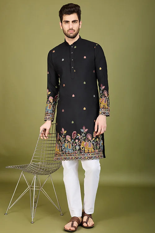 Men's Elegant Charm Cotton Embroidered Black Kurta