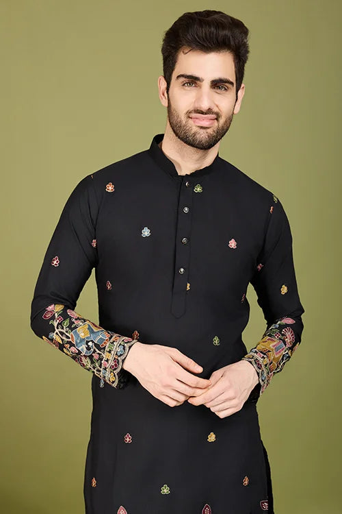 Men's Elegant Charm Cotton Embroidered Black Kurta