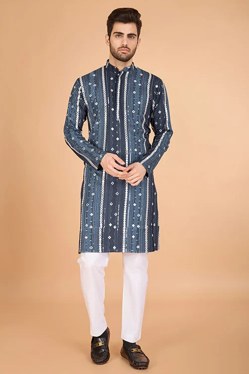 Men's Majestic Charm Silk Cotton Navy Blue Kurta