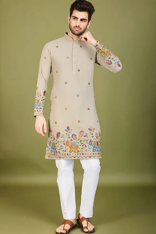 Men's Elegant Charm Cotton Embroidered beige Kurta