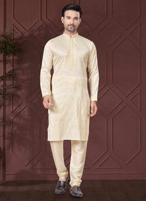 Men’s Cream Sequin Embroidered Silk Kurta Set