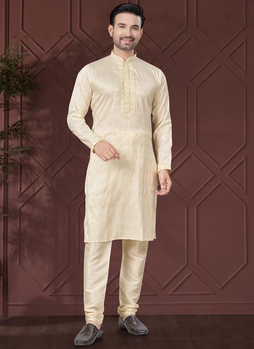Men’s Cream Sequin Embroidered Silk Kurta Set