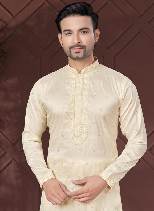 Men’s Cream Sequin Embroidered Silk Kurta Set