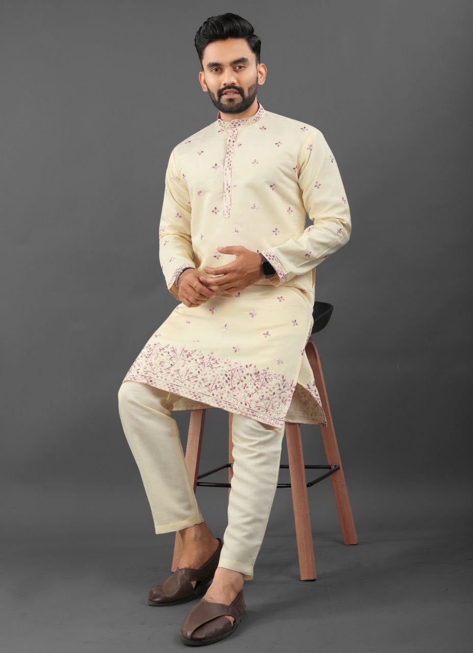 Men's Heritage Glory Russian Silk Light Yellow Kurta Set