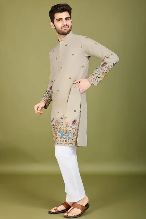 Men's Elegant Charm Cotton Embroidered beige Kurta