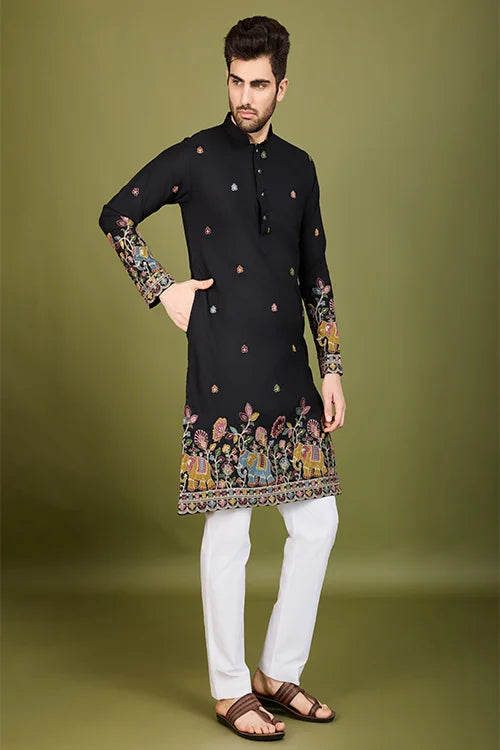 Men's Elegant Charm Cotton Embroidered Black Kurta