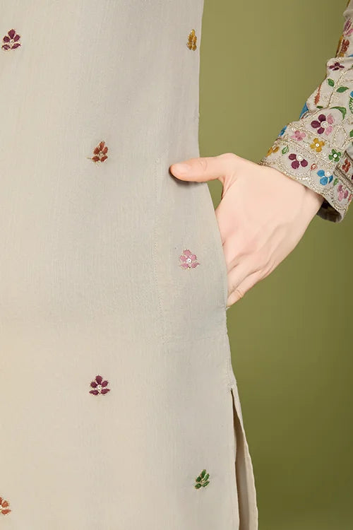 Men's Elegant Charm Cotton Embroidered beige Kurta