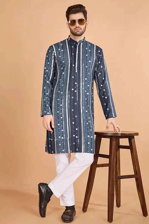 Men's Majestic Charm Silk Cotton Navy Blue Kurta