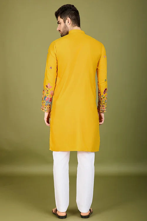 Men's Elegant Charm Cotton Embroidered Yellow Kurta