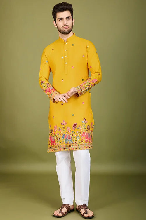 Men's Elegant Charm Cotton Embroidered Yellow Kurta