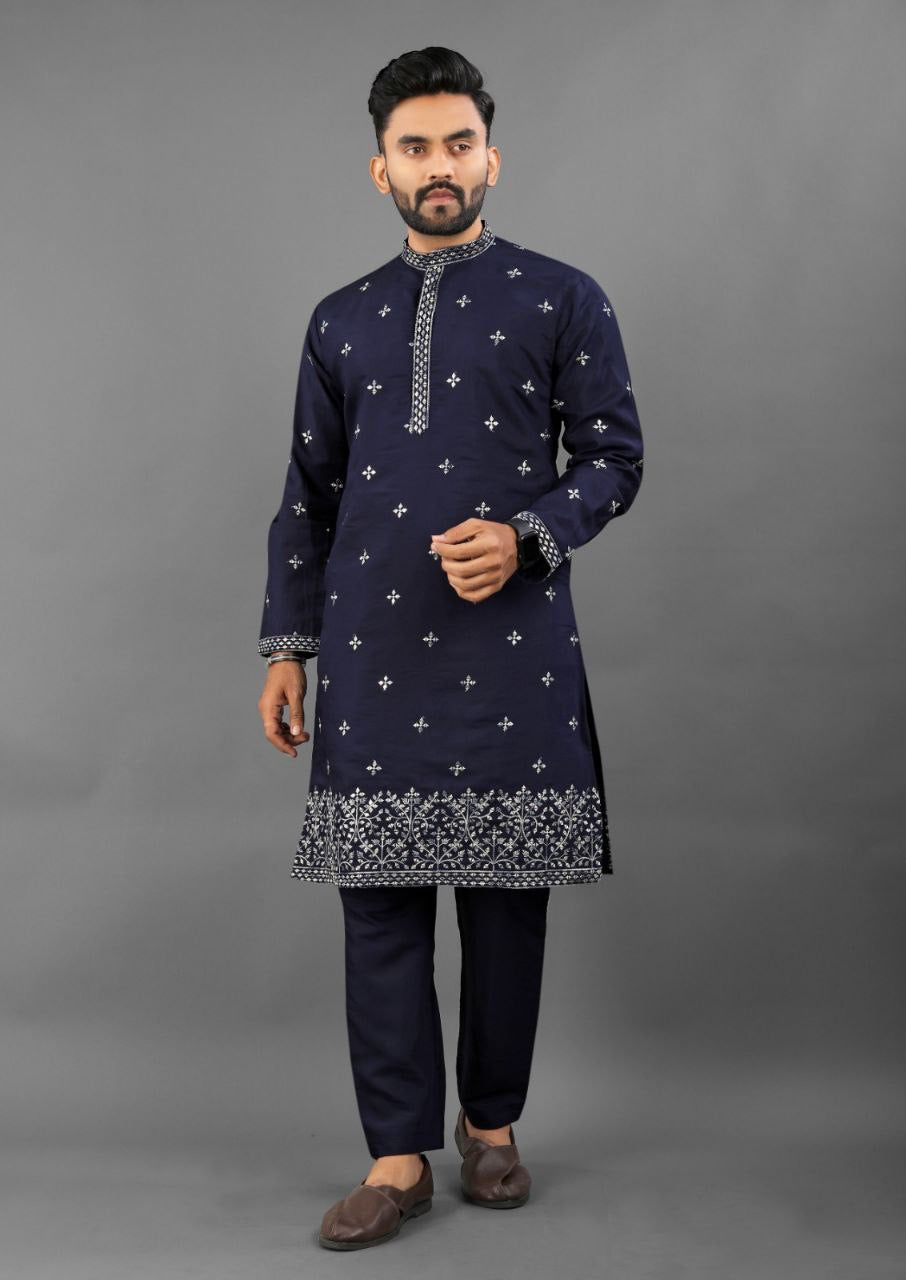 Men's Heritage Glory Russian Silk Blue Kurta Set